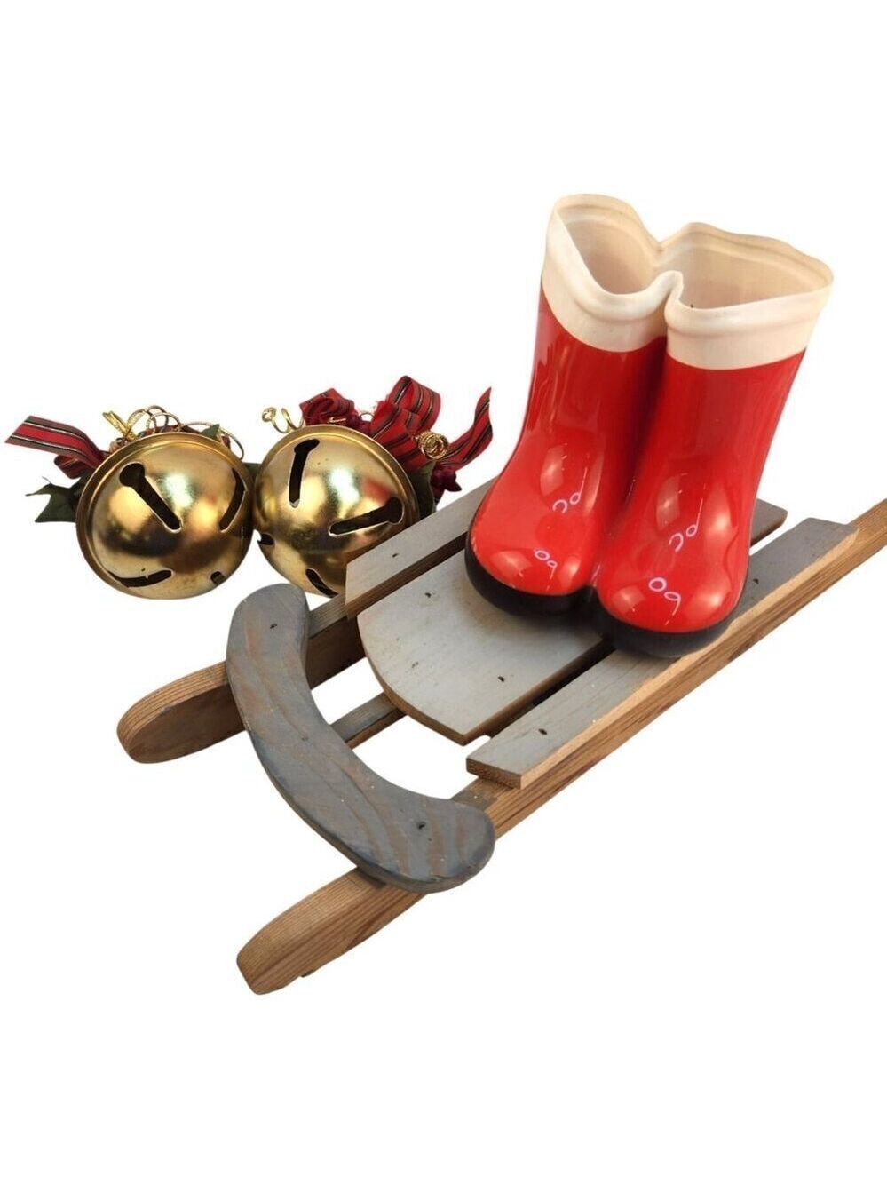 Red Boot Planter Wooden Sleigh Gold Sleigh Bells Holiday Decor